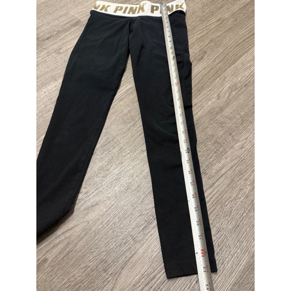 Pink‎ Victoria's Secret Yoga Leggings Black Gold Sequin Logo Waist Small - Picture 5 of 8